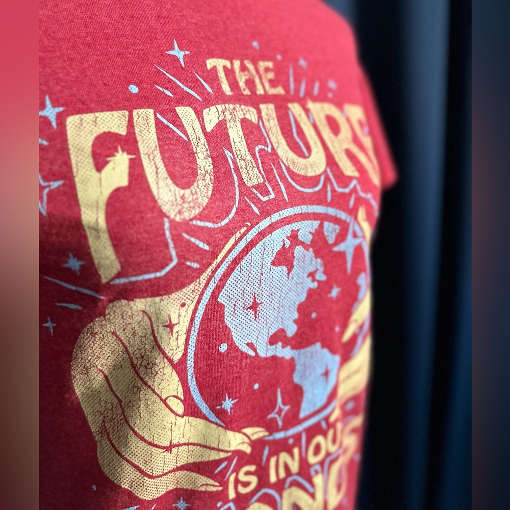 The Future is in Our Hands Red Screen Print T Shirt - Picture 8 of 8
